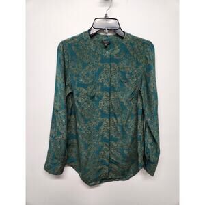 Talbots women's Washable Silk Teal/Gold Button Front Roll Tab Blouse Top, Size 2